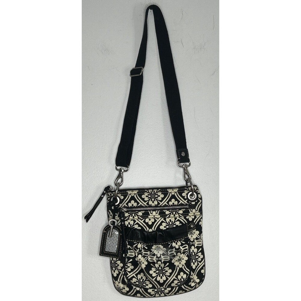 Fossil Black And White Floral Crossbody Bag purse key and luggage tag adjustable